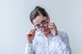 Beautiful happy girl smiling. Beauty simple portrait young smiling brunette woman in eyeglasses isolated on white Royalty Free Stock Photo