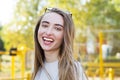 Beautiful happy girl smiling on a park background Close Up, portrait of beautiful stylish smile woman closeup Royalty Free Stock Photo