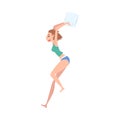 Beautiful Happy Girl in Underwear Playing Pillow Fight at Slumber Party Vector Illustration