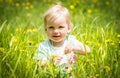Beautiful happy little baby girl sitting on a green meadow with yellow flowers dandelions Royalty Free Stock Photo