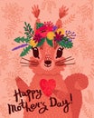Beautiful Happy Mothers Day card with a squirrel, flowers and a heart. Vector illustration for postcards Royalty Free Stock Photo