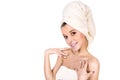 Beautiful happy spa girl isolated on a white background. Touching her neck. skin care concept Royalty Free Stock Photo