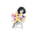 Beautiful happy woman with curly black hair smiling and holding big bouquet with yellow, pink and violet flowers Royalty Free Stock Photo