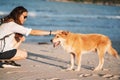 Beautiful Happy Woman Running With Her Dog. Girl Enjoying Summer Holidays Vacations, Having Fun With Her Pet. Summertime Concept Royalty Free Stock Photo