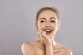 Beautiful Happy Woman Surprised. Perfect Smile. Fashion Red Lips Make-up. Expressive emotional face