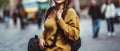 Beautiful happy young fashionable woman traveling in City with backpack. Tourists Lifestyle shopping travel concept. Generative AI Royalty Free Stock Photo