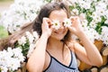 Beautiful happy young girl smile with camomile Royalty Free Stock Photo