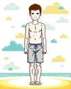 Beautiful happy young teenager boy posing wearing fashionable beach shorts. Vector human illustration.