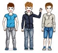 Beautiful happy young teenager boys posing wearing different casual clothes. Vector diversity kids illustrations set. Royalty Free Stock Photo