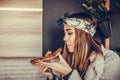 Young woman eating pizza in the restaurant Royalty Free Stock Photo