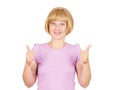 Beautiful happy young woman showing Ok, thumbs up sign isolated Royalty Free Stock Photo