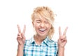 Beautiful happy young woman victory gesture. Royalty Free Stock Photo