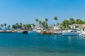 Beautiful harbour with boats in Side resort town at sunset - Antalya, Turkey Royalty Free Stock Photo