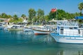 Beautiful harbour with boats in Side resort town at sunset - Antalya, Turkey Royalty Free Stock Photo