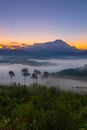 Beautiful harmony romantic color sunrise landscape scenery with sunlight and fog and Mount Kinabalu Royalty Free Stock Photo