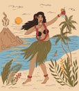 Beautiful hawaiian girl dancing hula dance on the background of the hawaiian landscape