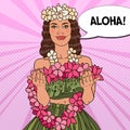 Beautiful Hawaiian Girl with Tropical Flower Necklace. Pop Art illustration