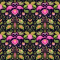 Beautiful Hawaiian seamless wallpaper with exotic flowers, tropical leaves and pink flamingo for wedding design, fabric, textile a