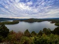 Beautiful HawnÃ¢â¬â¢s Overlook of Raystown Lake in the mountains of Pennsylvania, right before sunset with the sky swirled with blue