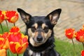 a beautiful head portrait of a small mixed dog in the garden with tulips Royalty Free Stock Photo