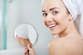 Beautiful healthy woman and reflection in the mirror Royalty Free Stock Photo