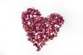 beautiful heart of dried red rose petals isolated on white background, copy space, Valentines Day romantic concept Royalty Free Stock Photo
