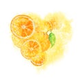 Beautiful heart figure made of ripe juicy cut and whole oranges, yellow fog and soap bubbles, isolated on white background. Hand