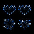 Beautiful heart-fireworks set. Bright romantic salute isolated on black background. Love decoration flat firework Royalty Free Stock Photo