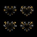 Beautiful heart-fireworks set. Bright romantic salute isolated on black background. Love decoration flat firework Royalty Free Stock Photo