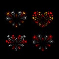 Beautiful heart-fireworks set. Bright romantic salute isolated on black background. Love decoration flat firework Royalty Free Stock Photo