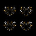 Beautiful heart-fireworks set. Bright romantic salute isolated on black background. Love decoration flat firework Royalty Free Stock Photo