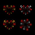 Beautiful heart-fireworks set. Bright romantic salute isolated on black background. Love decoration flat firework Royalty Free Stock Photo