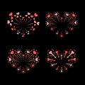 Beautiful heart-fireworks set. Bright romantic salute isolated on black background. Love decoration flat firework Royalty Free Stock Photo