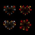 Beautiful heart-fireworks set. Bright romantic salute isolated on black background. Love decoration flat firework Royalty Free Stock Photo