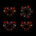 Beautiful heart-fireworks set. Bright romantic salute isolated on black background. Love decoration flat firework Royalty Free Stock Photo