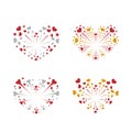 Beautiful heart-fireworks set. Bright romantic salute isolated on white background. Love decoration flat firework Royalty Free Stock Photo