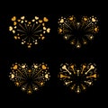 Beautiful heart-fireworks set. Gold romantic salute isolated on black background. Love decoration flat firework. Symbol Royalty Free Stock Photo