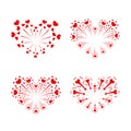 Beautiful heart-fireworks set. Red romantic salute isolated on white background. Love decoration flat firework. Symbol Royalty Free Stock Photo