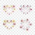 Beautiful heart-fireworks set. Romantic salute isolated on transparent background. Love decoration flat firework. Symbol Royalty Free Stock Photo