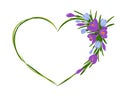 Beautiful heart frame with bouquet of crocuses. Spring frame of violet and blue flowers and green leaves on w Royalty Free Stock Photo