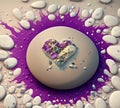 beautiful heart made of purple petals and sea stars and stones.Creative background made of purple paint in splash and white stones