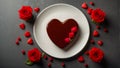 Beautiful heart shaped cake chocolate icing, rose flower sweet romance