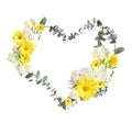 Beautiful heart shaped composition made with flowers and green leaves on white Royalty Free Stock Photo