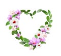 Beautiful heart shaped composition made with tender flowers and green leaves on white background Royalty Free Stock Photo