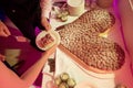 Beautiful heart shaped fruity wedding cake at wedding reception is cut Royalty Free Stock Photo