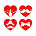 Beautiful hearts for cards with a beard, mustaches, hats and sunglasses. Father`s Day.