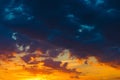 Beautiful heaven landscape, blue and orange clouds, amazing view on sunset. Royalty Free Stock Photo