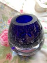 Beautiful Heavy Cobalt Blue Crystal Hand Blown Bubble Glass Paperweight - Vase - Votive