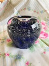 Beautiful Heavy Cobalt Blue Crystal Hand Blown Bubble Glass Paperweight - Vase - Votive