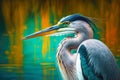 beautiful heron with beautiful plumage and bright beak against background of turquoise lake